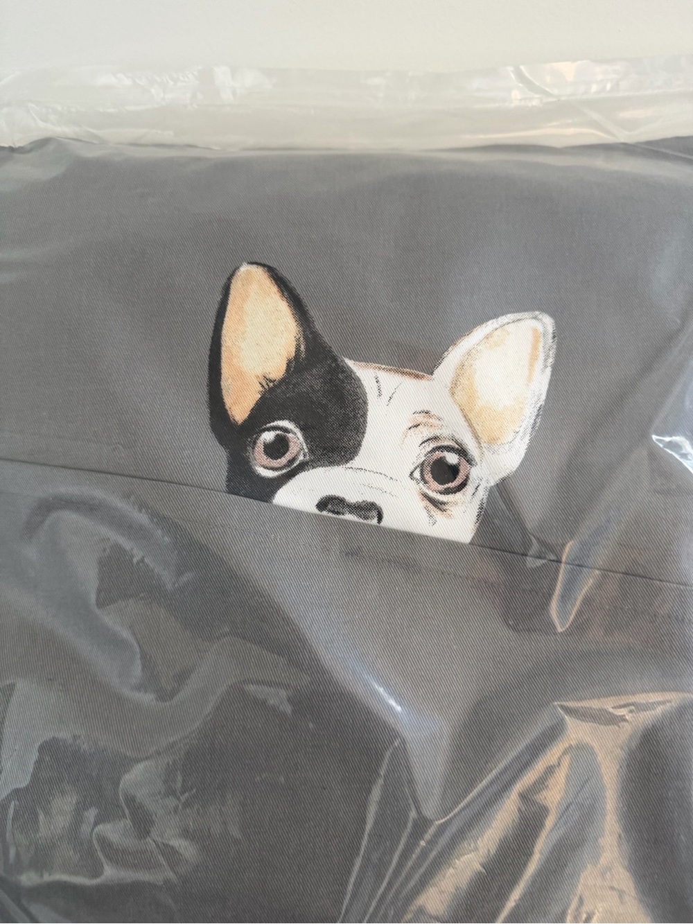Peeking Puppy gray throw pillow